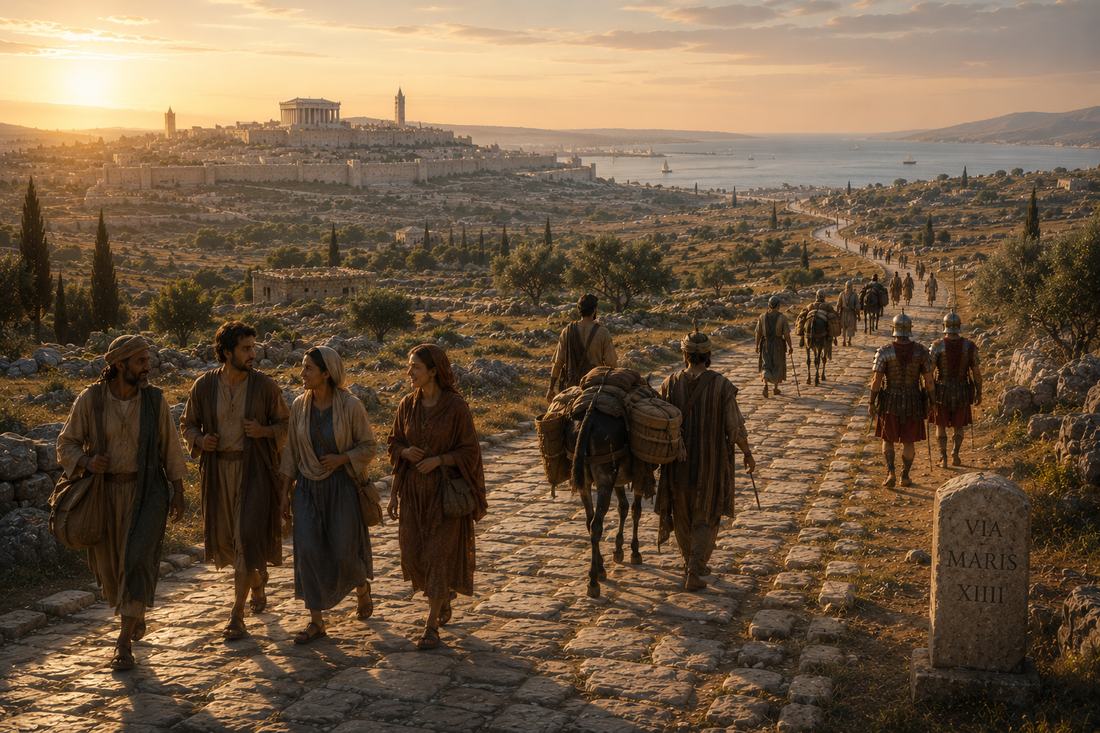 Early Christian travellers, merchants and Roman soldiers journey along a Roman road leaving Jerusalem, illustrating how Christianity spread naturally through the Roman Empire's trade and travel networks towards Rome.