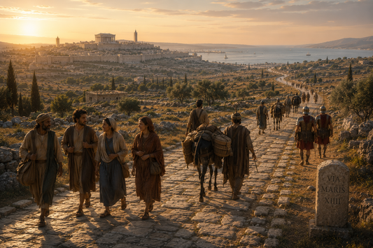 Early Christian travellers, merchants and Roman soldiers journey along a Roman road leaving Jerusalem, illustrating how Christianity spread naturally through the Roman Empire's trade and travel networks towards Rome.