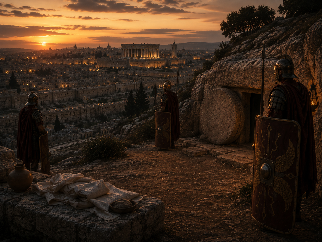 Roman soldiers quietly guarding the sealed tomb of Jesus during the Sabbath as Jerusalem and the illuminated Temple rest beneath the setting sun.