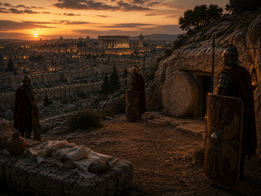 Roman soldiers quietly guarding the sealed tomb of Jesus during the Sabbath as Jerusalem and the illuminated Temple rest beneath the setting sun.