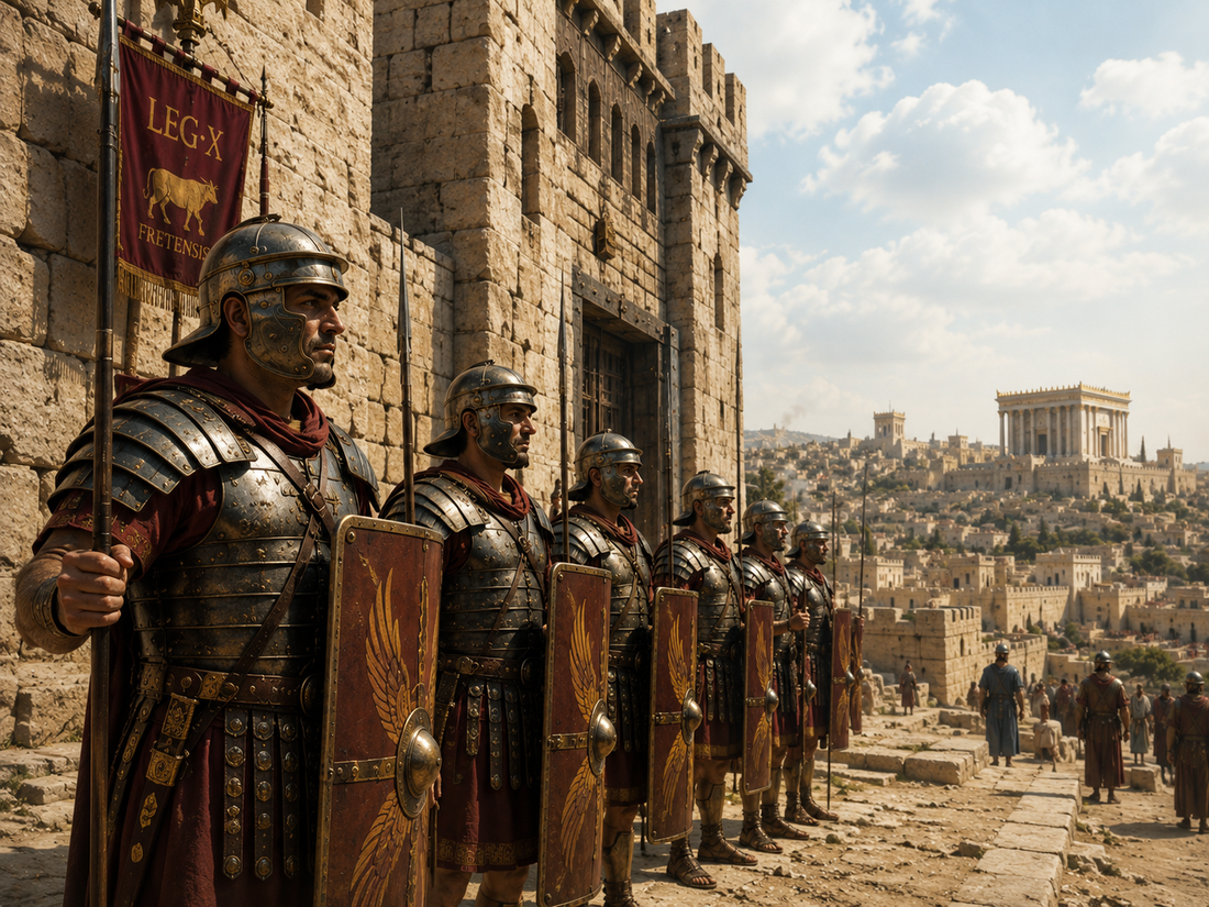 Roman soldiers guarding the Antonia Fortress in first-century Jerusalem.