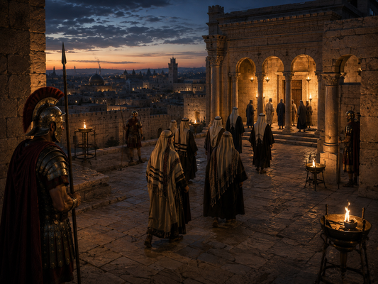 Temple officials arriving before dawn at the residence of Caiaphas while Roman soldiers stand guard, illustrating the historical setting before the night-time hearing of Jesus in first-century Jerusalem.