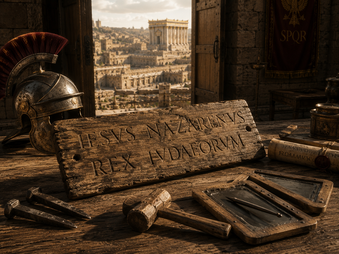 Roman wooden execution placard inscribed "IESVS NAZARENVS REX IVDAEORVM" displayed with a centurion's helmet, hammer and nails inside a Roman administrative room overlooking Jerusalem and the Second Temple.