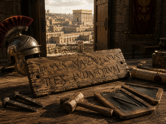 Roman wooden execution placard inscribed "IESVS NAZARENVS REX IVDAEORVM" displayed with a centurion's helmet, hammer and nails inside a Roman administrative room overlooking Jerusalem and the Second Temple.