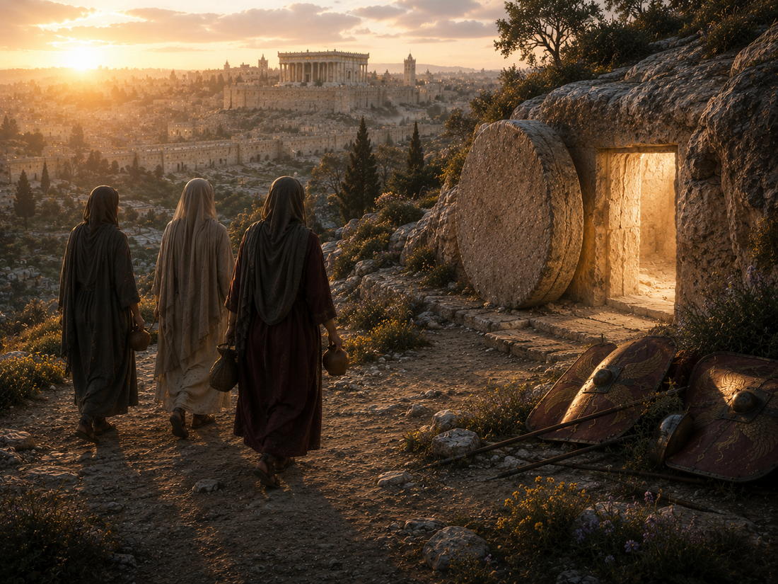 Women approach the empty tomb at dawn outside Jerusalem as the rising sun illuminates the city and the Temple, with abandoned Roman shields beside the open entrance.