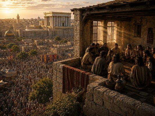 The disciples gather in an upper room overlooking a crowded Jerusalem during the Jewish festival of Pentecost as pilgrims fill the streets and the Temple dominates the skyline.