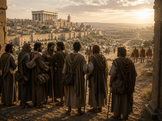 The apostles embrace and prepare to leave Jerusalem with travelling staffs and satchels as roads stretch into the Roman world beyond the city.