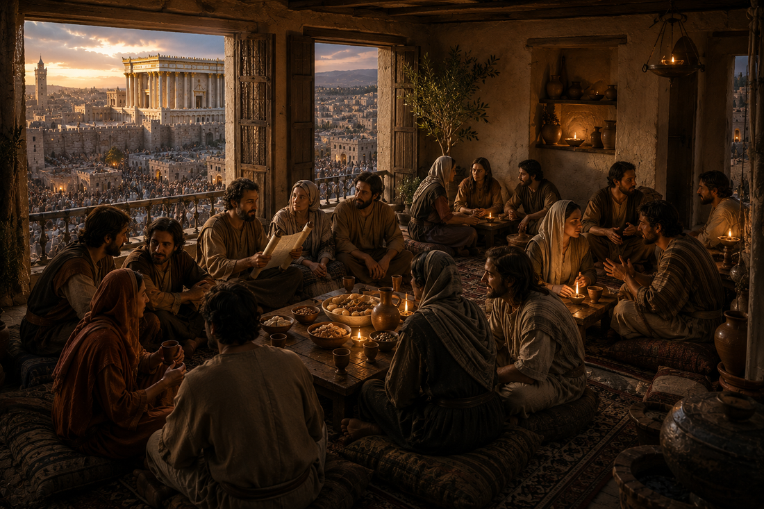 Early Christians gather in a Jerusalem house church for a shared meal, Scripture reading and discussion while the Temple and bustling city remain visible through the open windows.