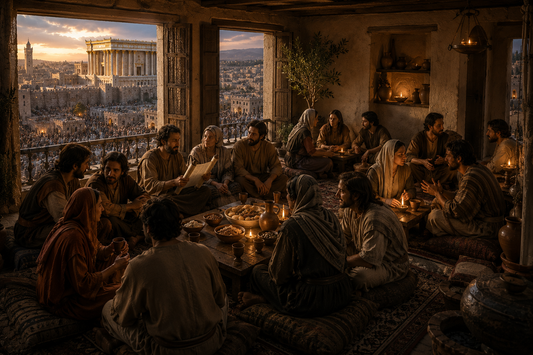 Early Christians gather in a Jerusalem house church for a shared meal, Scripture reading and discussion while the Temple and bustling city remain visible through the open windows.