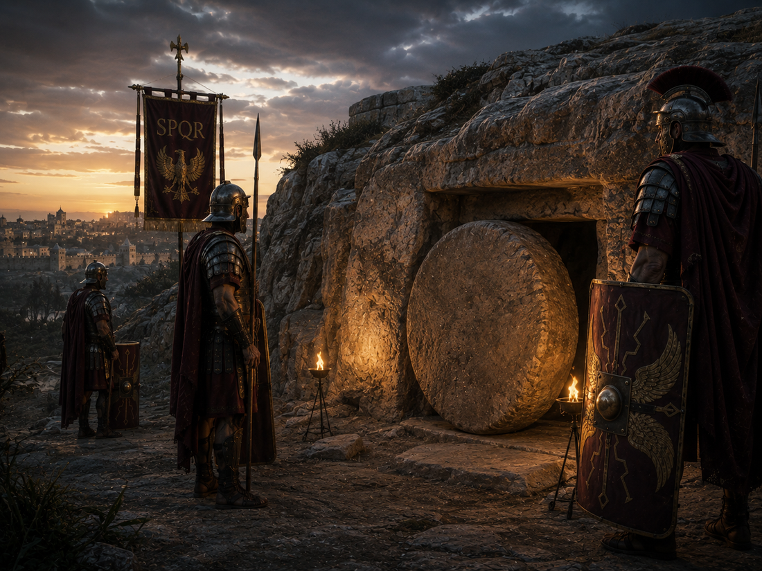 Roman soldiers standing guard outside the sealed tomb of Jesus before dawn, with the city of Jerusalem visible in the distance.