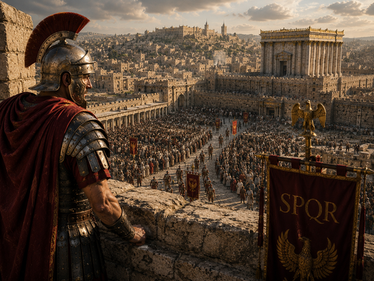 Roman centurion overlooking the Temple in Jerusalem during Passover as thousands of pilgrims gather below under Roman military supervision.