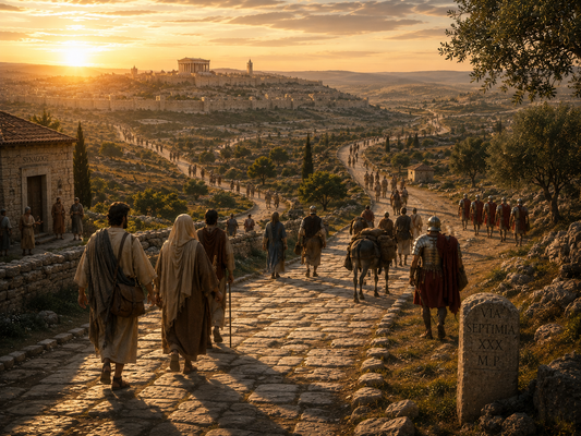 Early Christians, merchants and Roman soldiers travel along the branching Roman roads leading from Jerusalem, illustrating how the Roman Empire's transport network enabled Christianity to spread rapidly across the ancient world.
