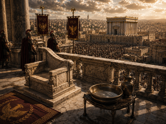 An empty Roman judgement seat overlooking the Passover crowds in Jerusalem, with a bronze basin and water jug beside it, symbolising Pontius Pilate's judicial authority during the trial of Jesus.