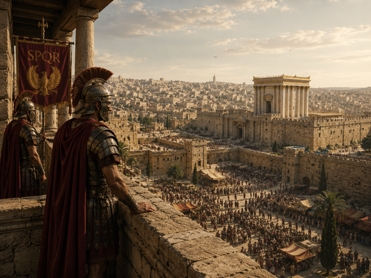 Roman soldiers watching over Jerusalem during Passover before the trial of Jesus.