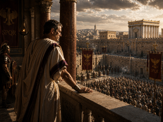Pontius Pilate overlooking the Passover crowds from the Praetorium in Jerusalem before deciding whether to release Barabbas, illustrating the political tensions of first-century Judea.