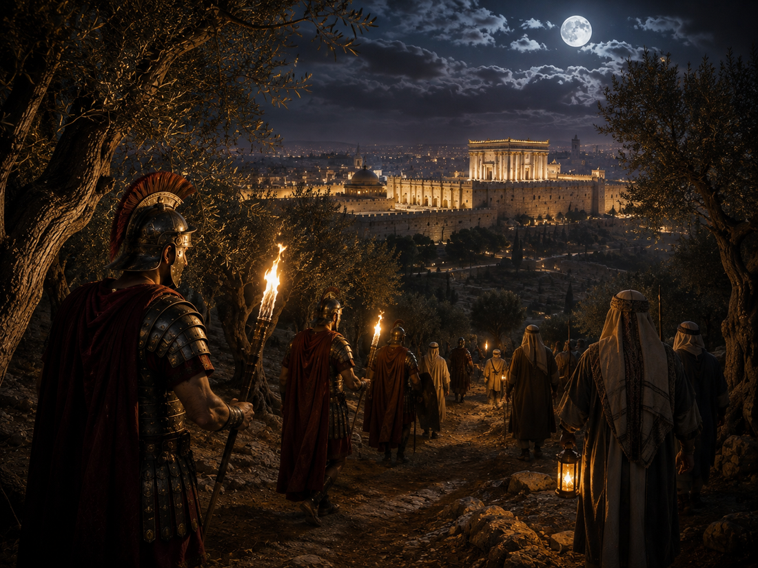 Roman soldiers and Temple guards approaching the Garden of Gethsemane by torchlight before the arrest of Jesus, with Jerusalem and the Second Temple illuminated in the distance.