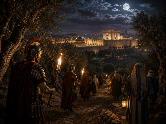 Roman soldiers and Temple guards approaching the Garden of Gethsemane by torchlight before the arrest of Jesus, with Jerusalem and the Second Temple illuminated in the distance.