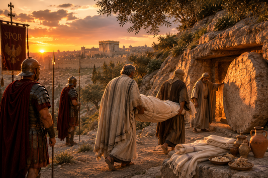 Joseph of Arimathea and Nicodemus carrying the wrapped body of Jesus into a newly prepared rock-cut tomb before sunset as Roman soldiers stand nearby and Jerusalem's Temple overlooks the scene.
