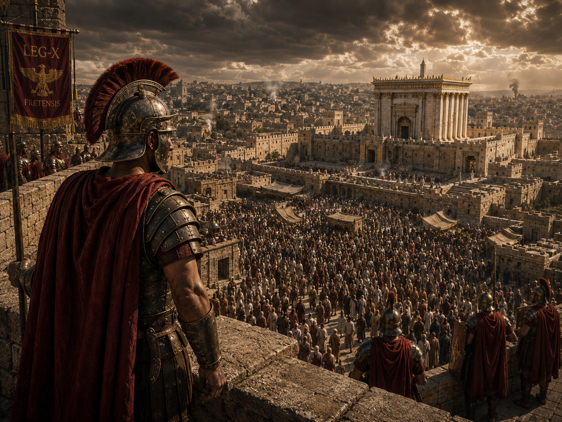 Roman centurion overlooking Jerusalem and the Second Temple from the Antonia Fortress during Passover, illustrating the political tensions surrounding the crucifixion of Jesus in first-century Judea.