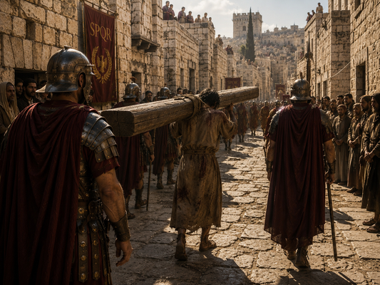 Roman soldiers escorting a condemned prisoner carrying a wooden crossbeam through the streets of first-century Jerusalem, illustrating the Roman practice of public execution and humiliation before crucifixion.