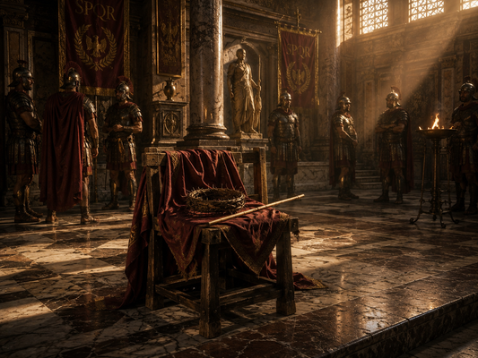 Roman Praetorium with an empty stool draped in a scarlet cloak, a crown of thorns and a reed, illustrating the Roman mock coronation of Jesus in first-century Jerusalem.